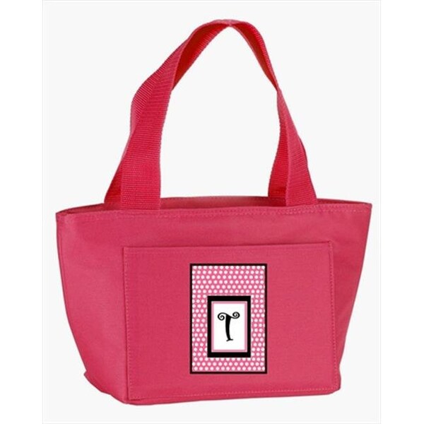 Carolines Treasures CJ1001-T-PK-8808 Monogram Letter T - Pink Black Polka Dots Lunch Bag or Doggie Bag CJ1001-T-PK-8808 - main